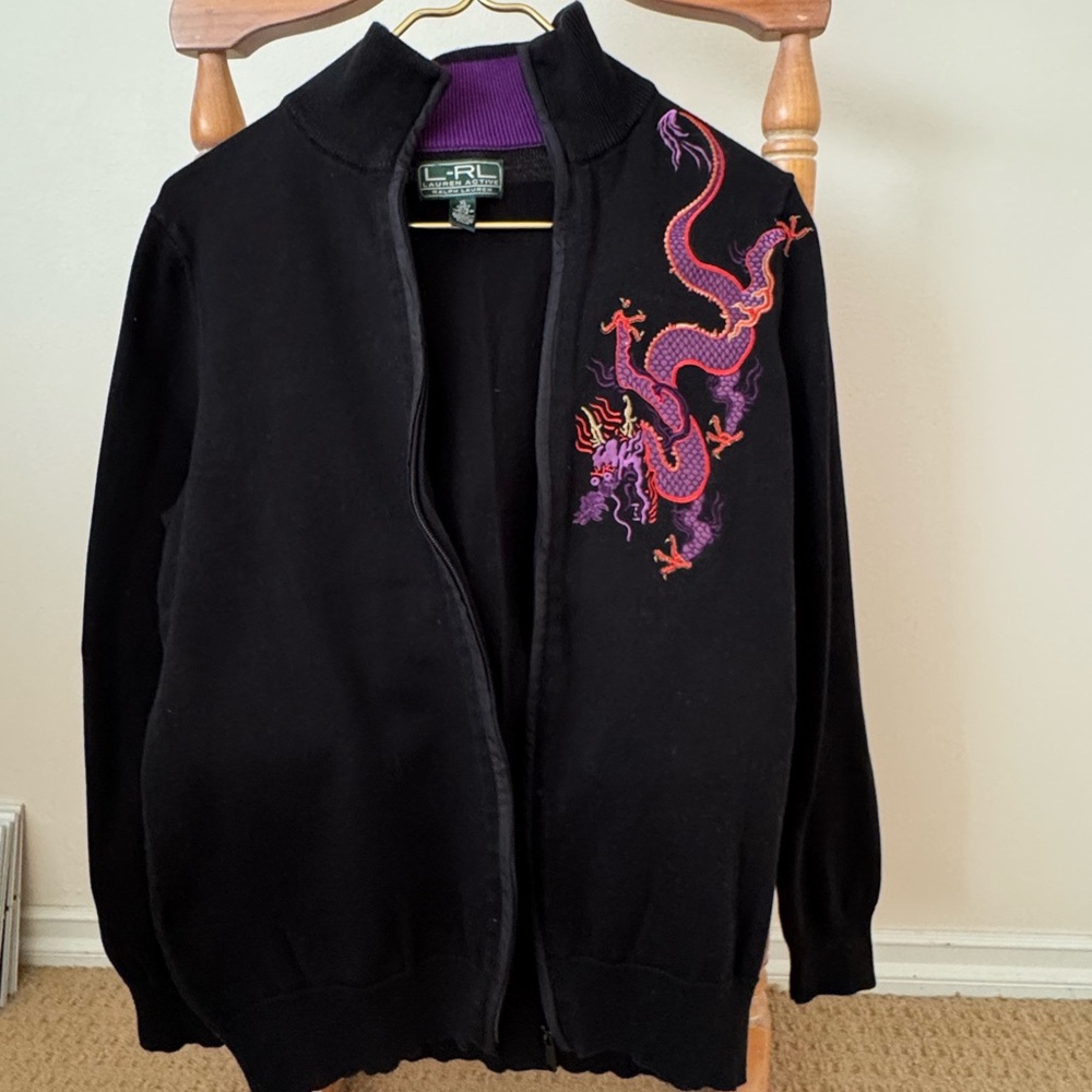 L-RL Lauren Active Ralph Lauren Women’s XL Black Purple Dragon Embroidery Jacket